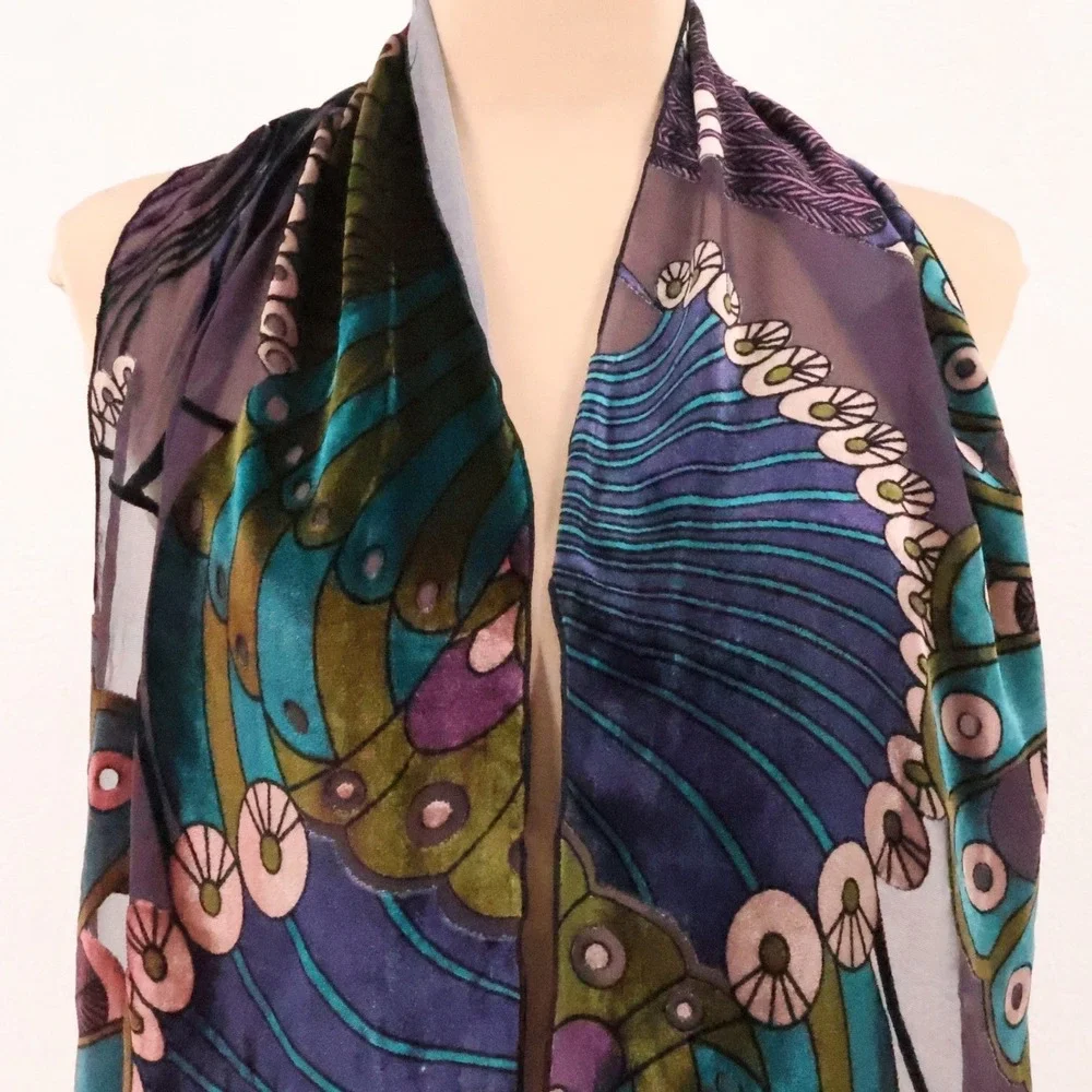 Peacock Velvet Burnoout Scarf Wrap Womens Art Nouveau Artsy Boho Jewel Tone